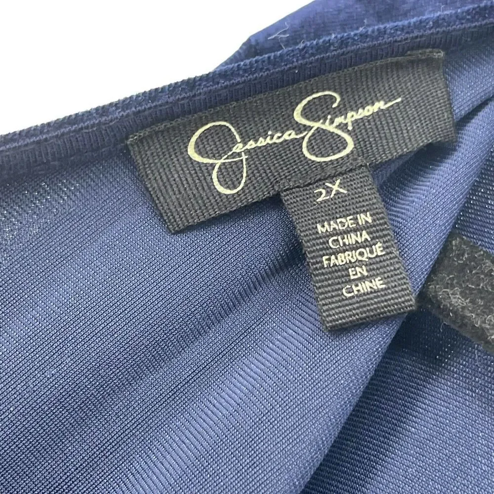 Navy Blue Velvet Top Bell Sleeve Scoop Back Boat Neck Jessica Simpson Size 2X